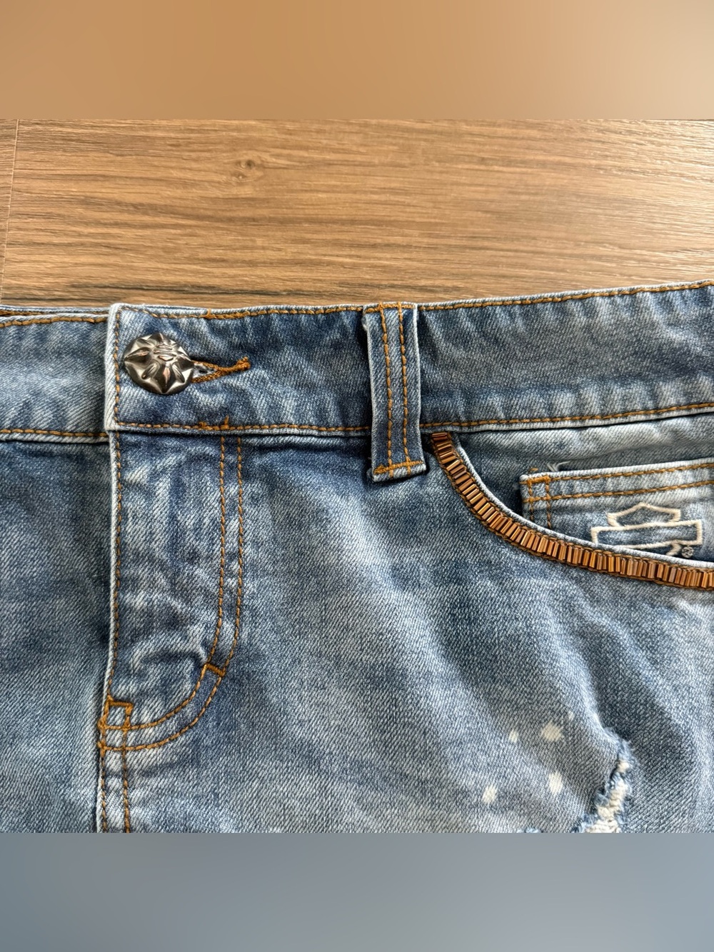 Harley-Davidson Denim Distressed Y2K Mini Skirt Embellished Cut Jeans Women 14 - Picture 2 of 14